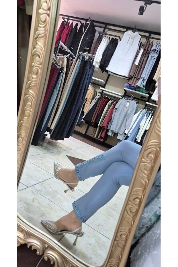 Paça dantel detaylı İncili pantolon - 1