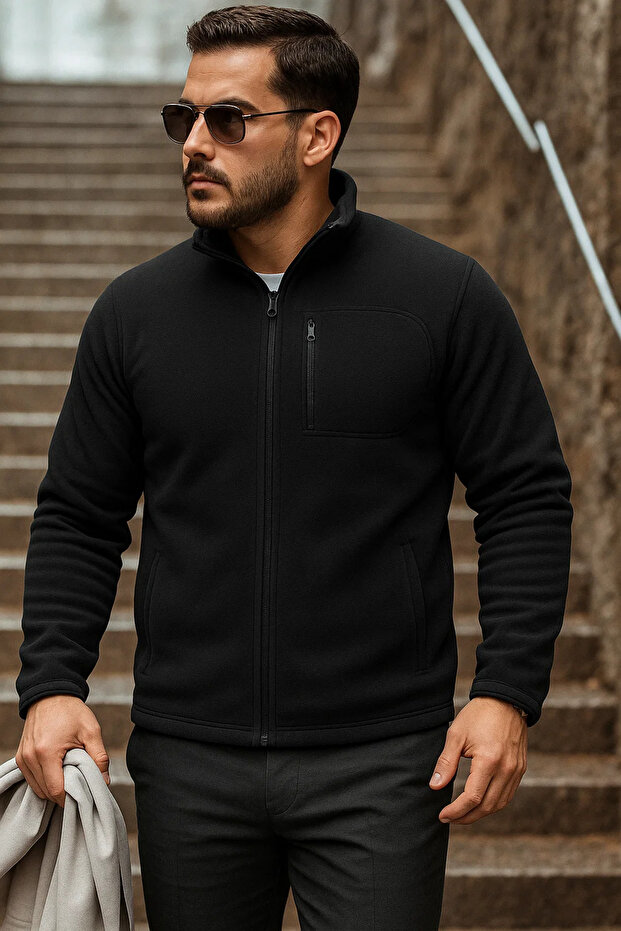 Men's Zippered Trendy Winter Black Fleece Cardigan with Pockets
