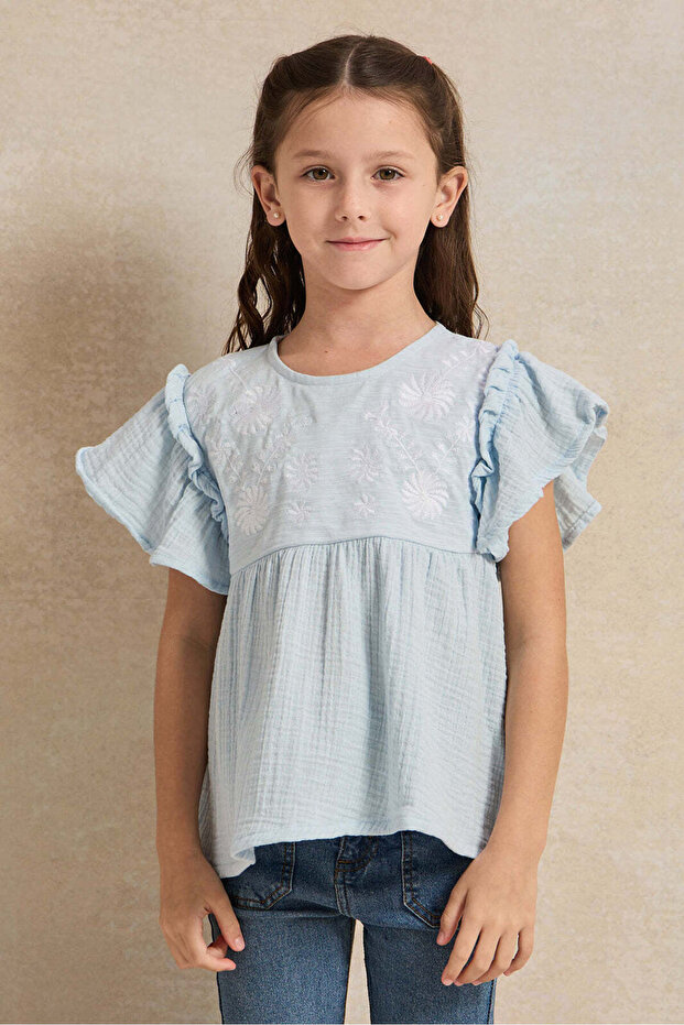 Girls Blue Embroidered Top
