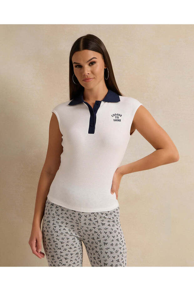 Women White Ribbed Collared T-Shirt