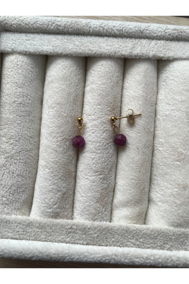 Ruby Stone Steel Gold Color Ball Earrings Handcrafted