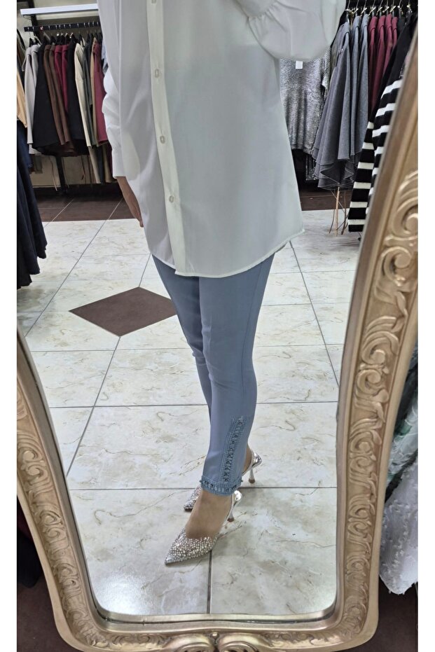 Paça dantel detaylı İncili pantolon - 3