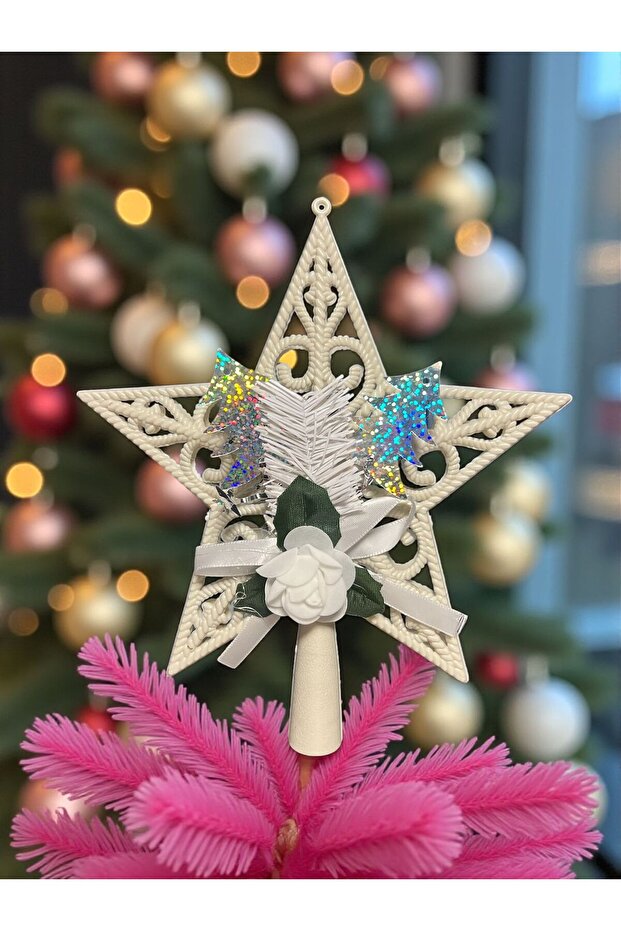 Christmas Pine Tree Ornament with Roses Model White Peak Star Star Tepelik 25 cm Hpy26020