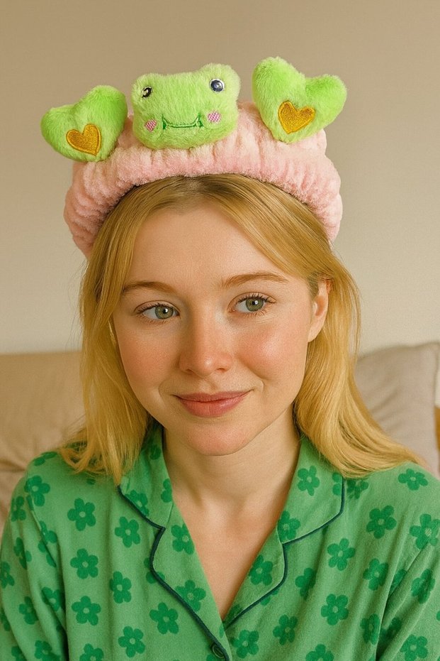 Light Pink and Green Color Plush Hair Band with Frog Figure