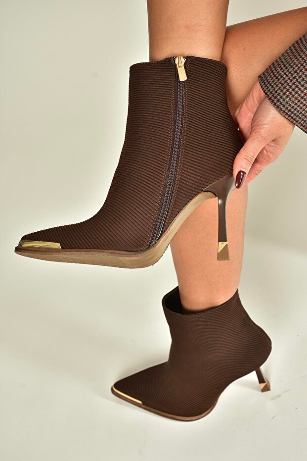 V820200504 Brown Fabric Thin Heeled Pointed Toe Ankle Boots