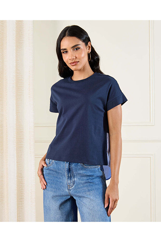 Women Navy Twofer Shirt Top