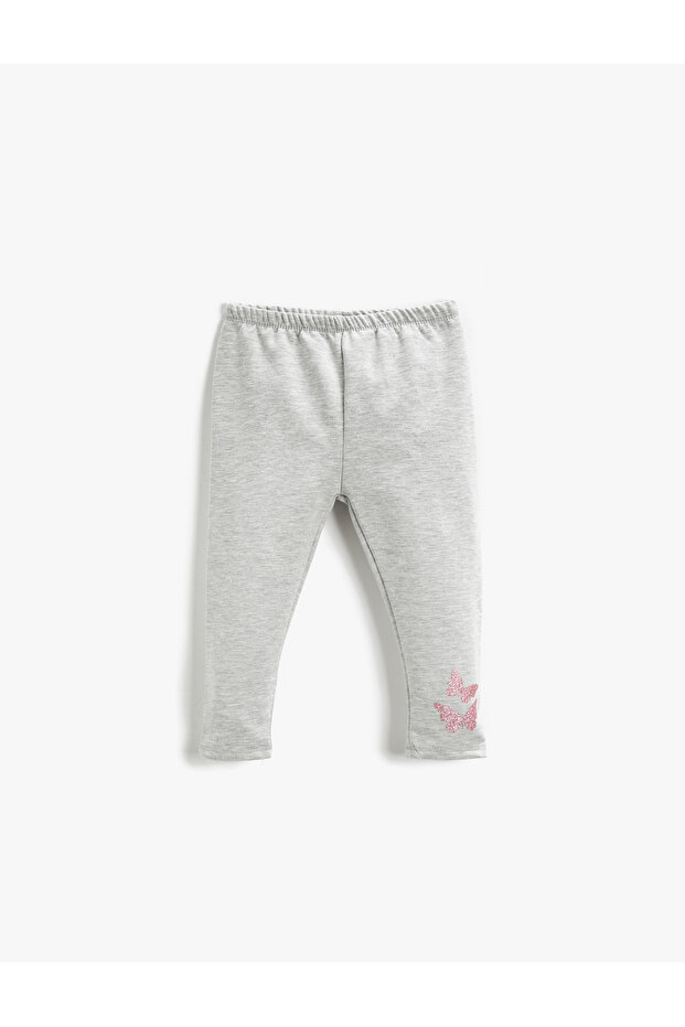 Butterfly Print Detailed Leggings Glitter Elastic Waist