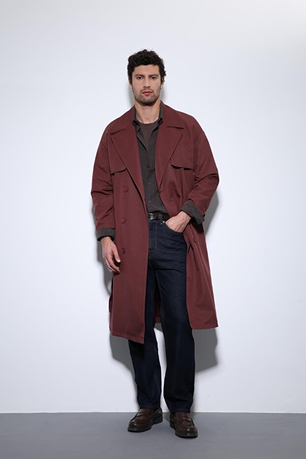 Burgundy Double-Breasted Trench Coat with Belt