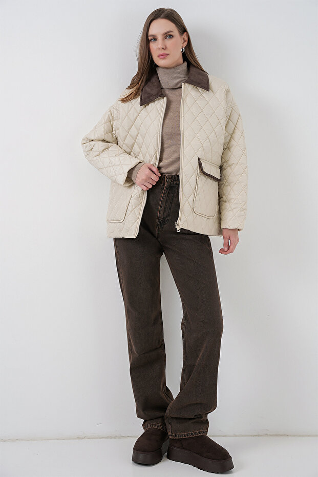 Kadın Kapitone Overisze Mont 5229 - Ekru - 2