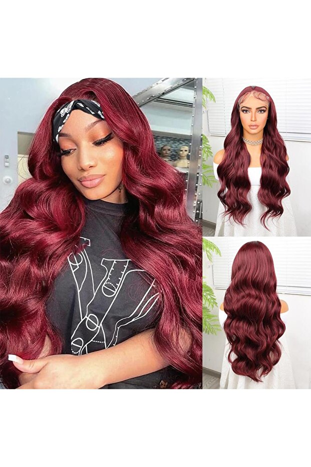 Red Brown Fiber Synthetic Wide Wavy Tulle Wig
