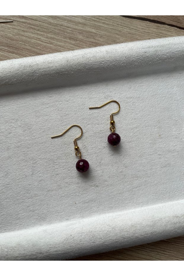 8mm Ruby Stone Gold Color Steel Earrings Handmade