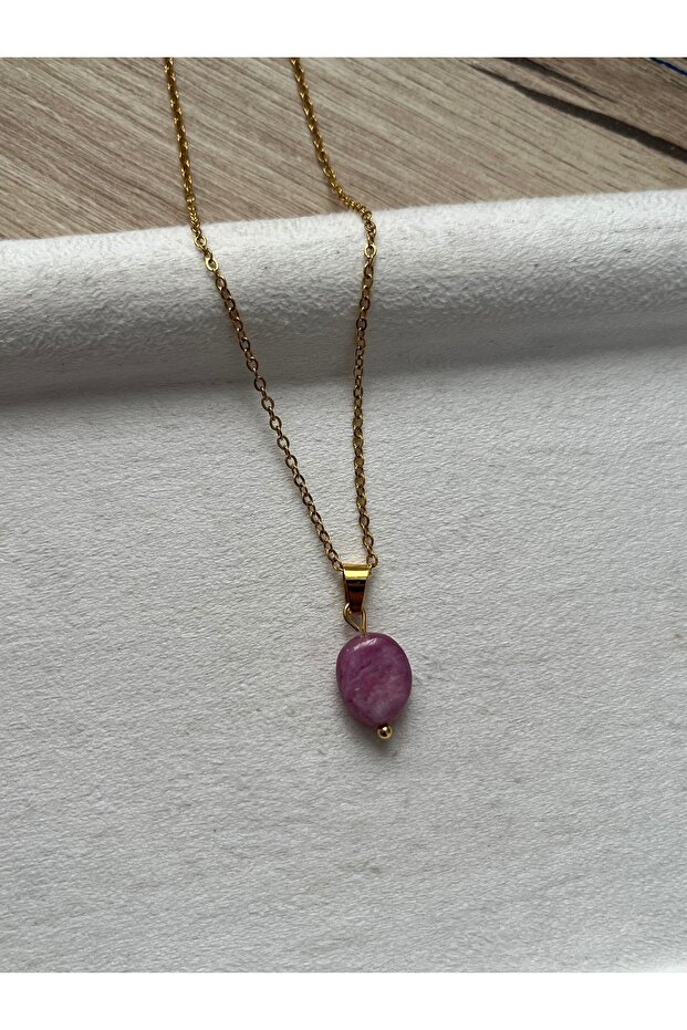 Ruby Stone Gold Color Steel Necklace Handmade