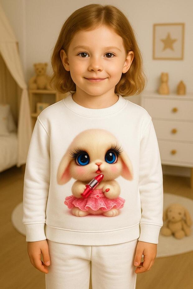 Crew Neck Long Sleeve Rubies Don'T Bite Rabbit Patterned Sh Fleece-Lined Sweatshirt3-4-5-6-7-8-9-10-11-12 Years
