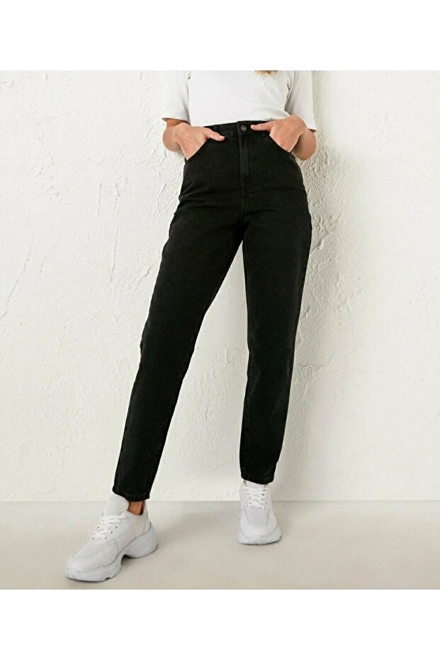 Bt18249481 Black High Waist Stretch Fabric Mom Jeans Pants