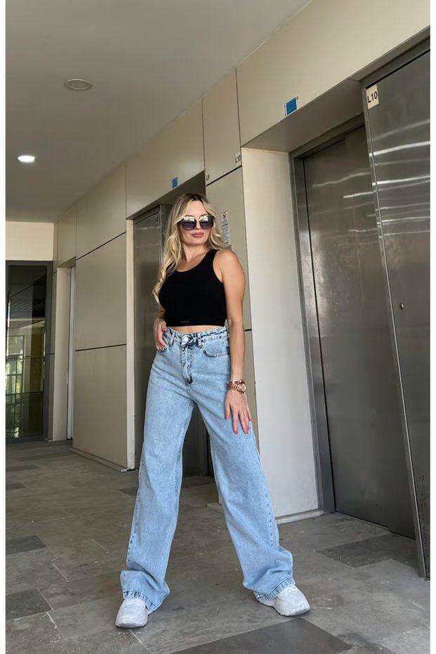 Bt14881243 Women's Blue Snow Wash High Waist Wide Leg Comfort Stretch Fabric Wide Leg Denim Pants Jeans