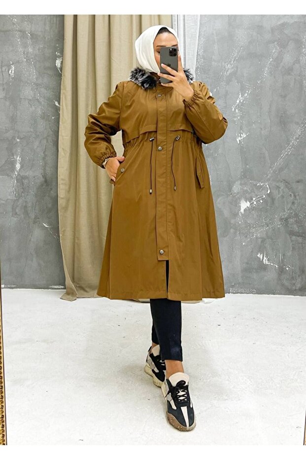 Tan Fur Lined and Waterproof Large Size Oversize Women's Winter Coat & Coat