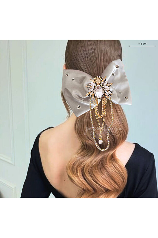 مشبك أوتوماتيكي بتصميم خاص مع سلسلة وحجر رمادي اللون، 004