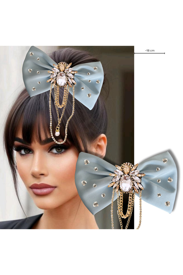 مشبك أوتوماتيكي بتصميم خاص من الساتان الأزرق مع سلسلة وحجر، 008