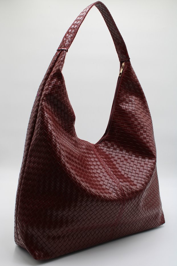 Women's Burgundy Oversized Casual Knitted Textured Large Interior Volume Shopper Hand, Arm and Shoulder Bag