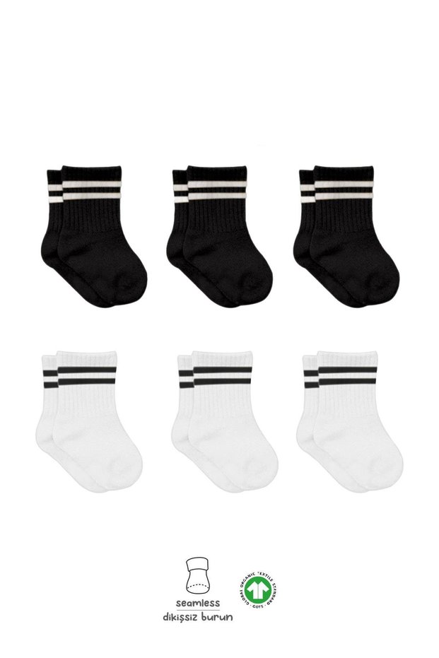 6 Pairs of Organic Cotton Baby Socks with Hoop Stitch-Free Combed Cotton Socks for Girls and Boys (Black and White)