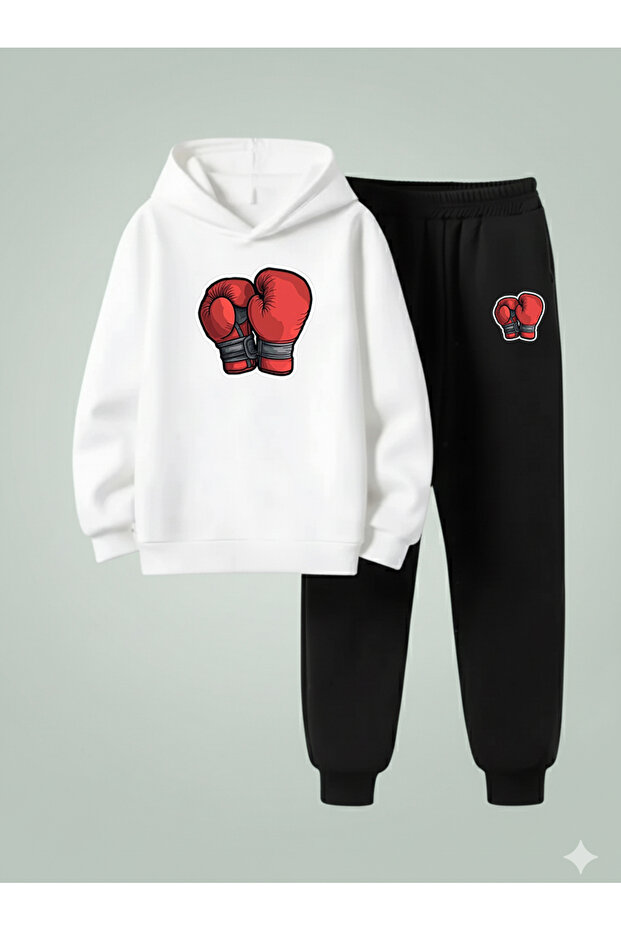 Boy's Hooded Sets Boks Printed 3 Thread Ş Fleece-Lined Sweatshirt and Sweatpants Thick Winter