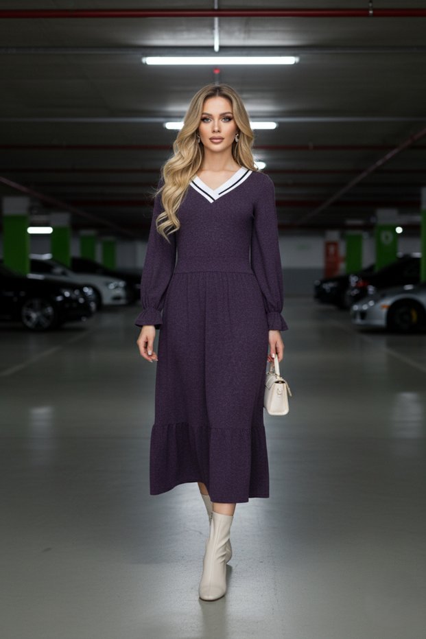 Women's Knitwear V-Neck Long Sleeve Wool Viscose Midi Length Dress-Purple