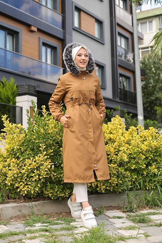 Tan Fur Lined and Waterproof Large Size Oversize Women's Winter Coat & Coat