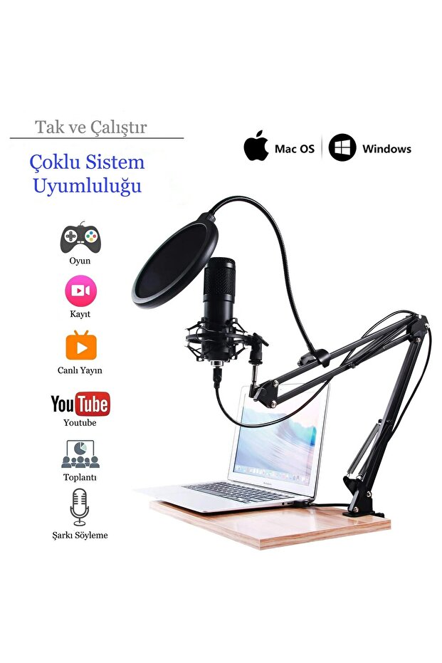 Profesyonel Kondansatör Mikrofon Seti Ayarlanabilir Stand USB PC Bağlantılı YouTube Karaoke Podcast - 3