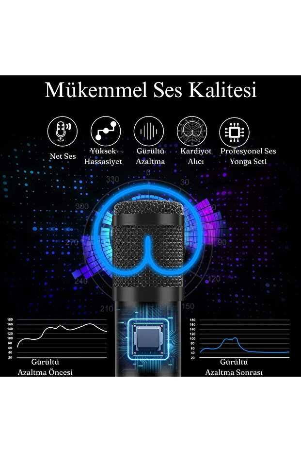 Profesyonel Kondansatör Mikrofon Seti Ayarlanabilir Stand USB PC Bağlantılı YouTube Karaoke Podcast - 5