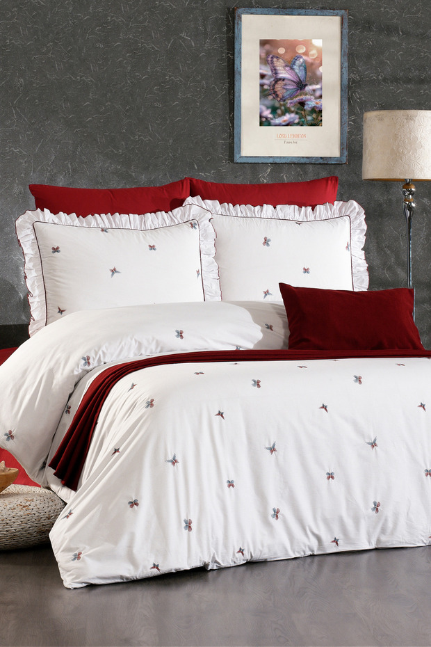 Ophelia 100% Cotton Butterfly Pattern Embroidered, Ruffled, 8-Piece Premium Double Duvet Cover Set