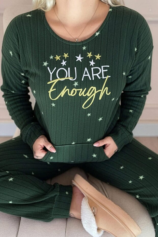 Green Enough Patterned Kangaroo Pocket Plush Fleece Pajama Set - 4