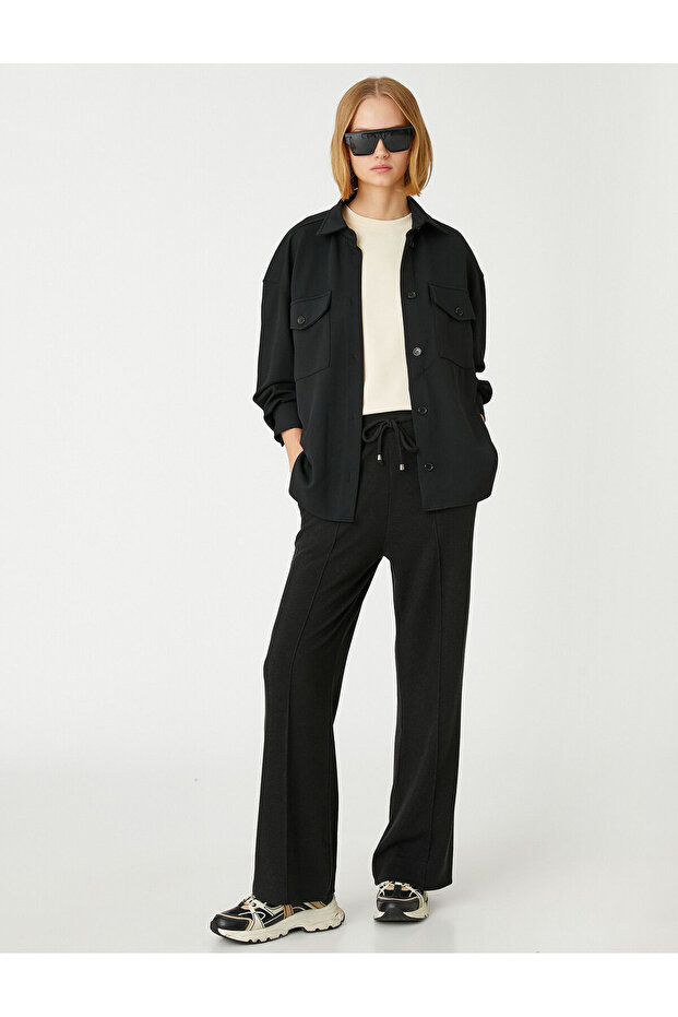Wide Leg Trousers Ribbed Tie Waist