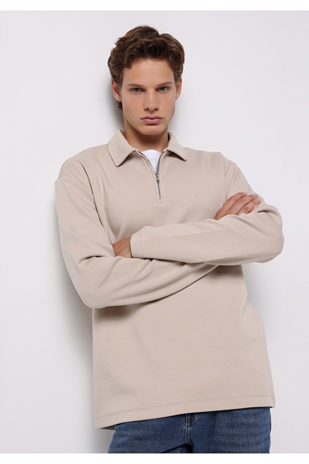 Comfort Fit Polo Neck Plain Men's Beige Long Sleeve T-Shirt
