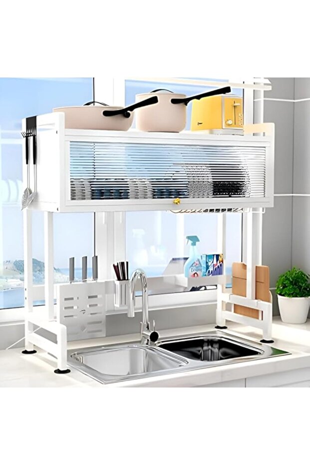 3-Tier Over-the-Sink Dish Drying Rack with Lid (White)
