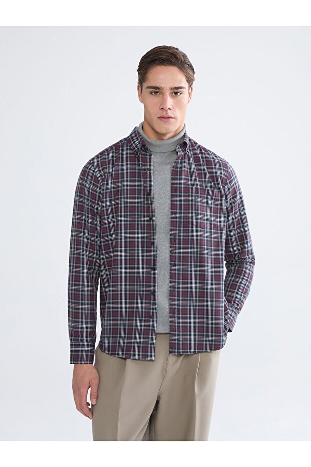 Regular Fit Long Sleeve Plaid Men's Shirt