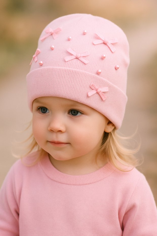 Flexible Ribbed Beanie with Pearl Ribbon Detail