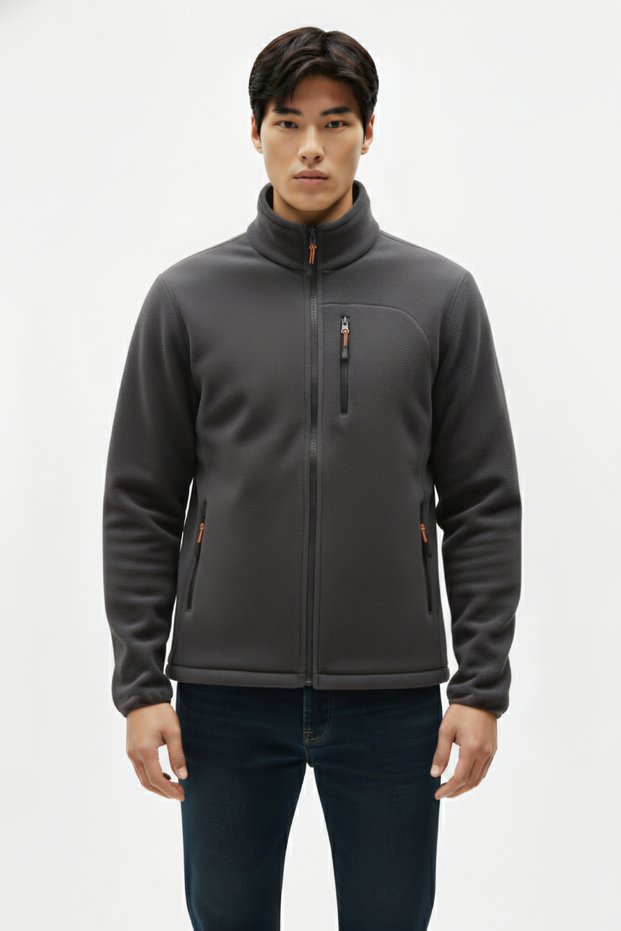 Men's Anthracite Non-Pilling Mock Neck Standard Full Zip 3-Pocket Men's Fleece Cardigan