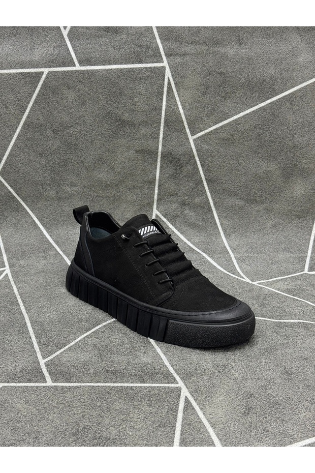 Black Genuine Nubuck Leather Rubber Laced Casual Shoes
