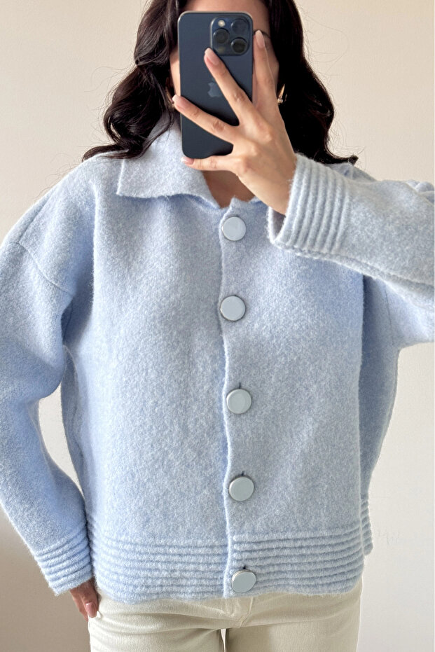 Women's Blue Polo Neck Cardigan 1014-2496
