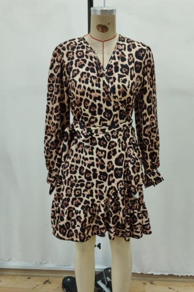 Double-Breasted Collar Ruffled Leopard Pattern Modal Dress - Leopard - 4