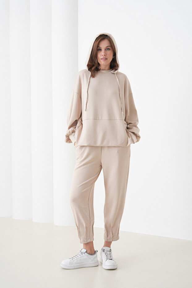Women's Oversized Hooded Sweatshirt Pleated Design Tracksuit Set Suitable for Hijab