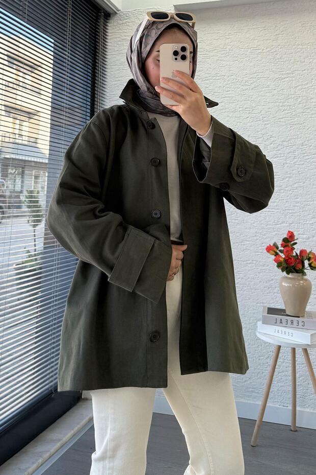 Premium Front Buttoned Oversized Gabardine Coat – Khaki