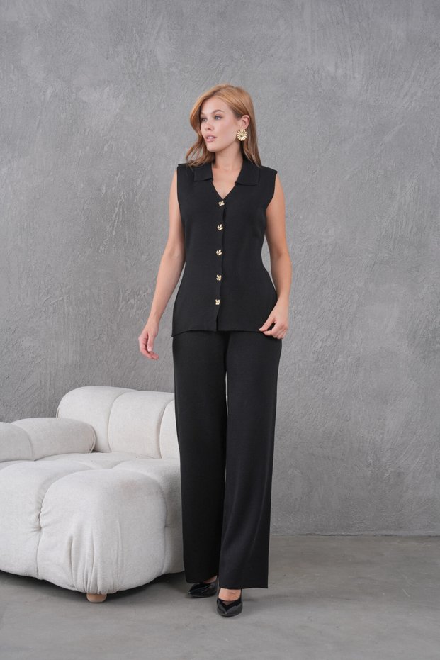 Women's Black Shirt Collar Buttoned Vest Palazzo Pants Knitwear Bottom-Top Set