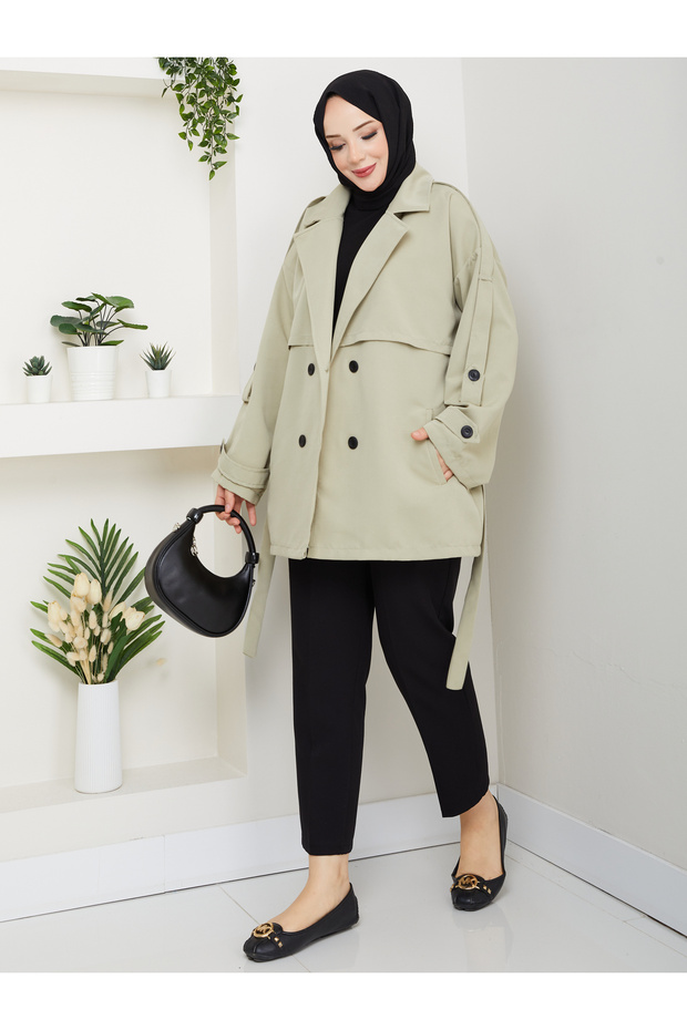 Button Detailed Belted Oversized Trench Coat Rc853107