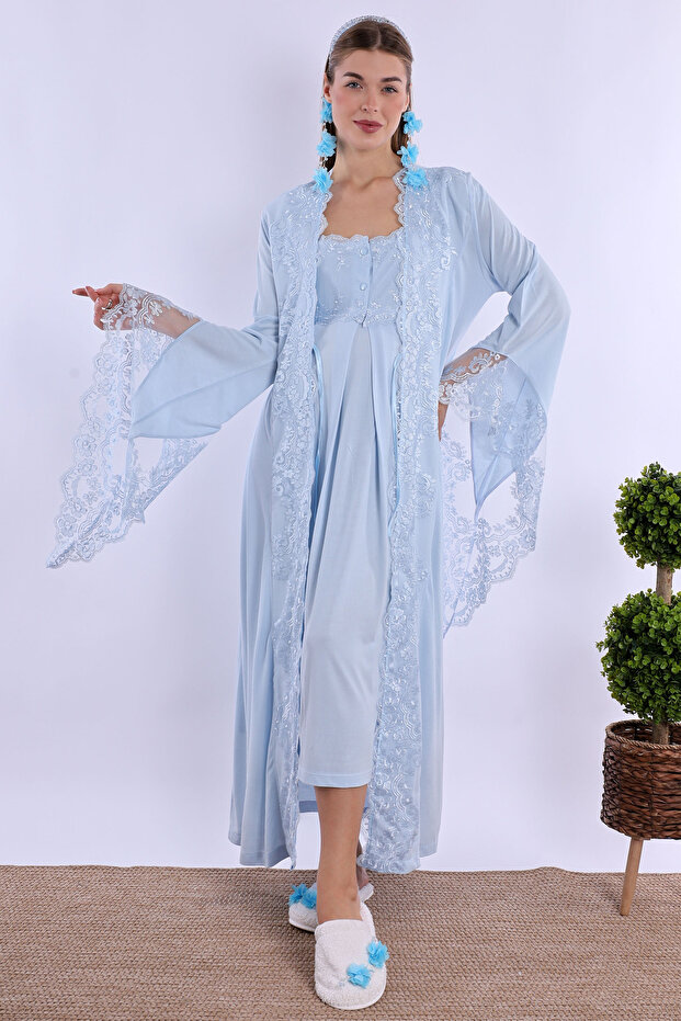 Effortt Blue Maternity and Postpartum Nightgown Set with Robe