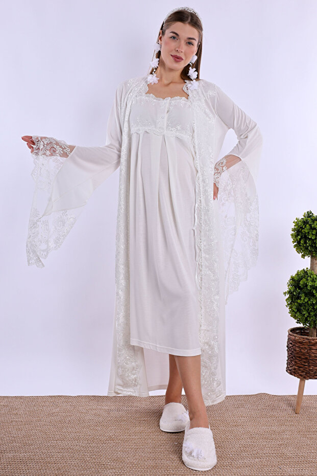 Effortt Ecru With Robe Maternity Postpartum Nightgown Set