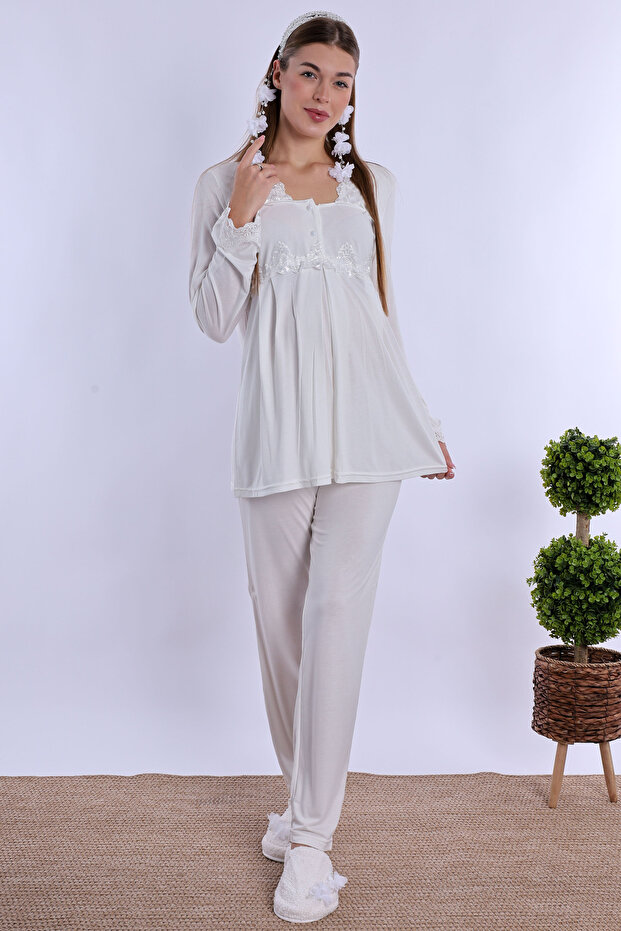Cotton Maternity and Postpartum Pajama Set with Nursing Features for Prenatal and Postnatal Use Effortt - Ecru
