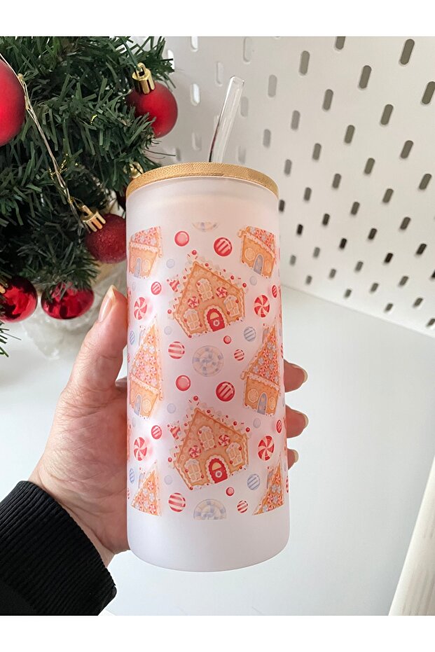Christmas Themed Printed Frosted Glass Cup with Bamboo Lid and Straw