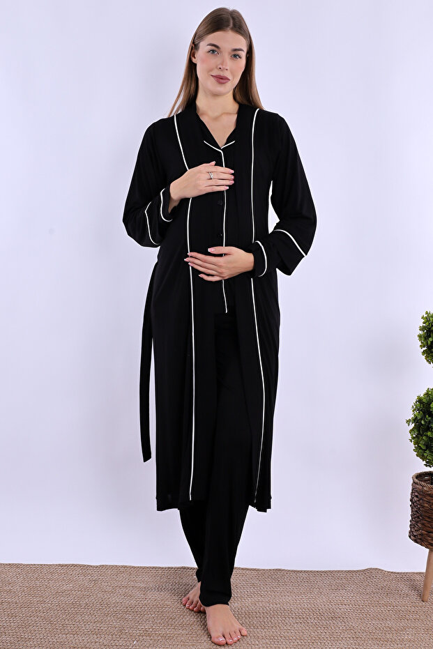 Effortt Black Maternity Pajama Set with Dressing Gown
