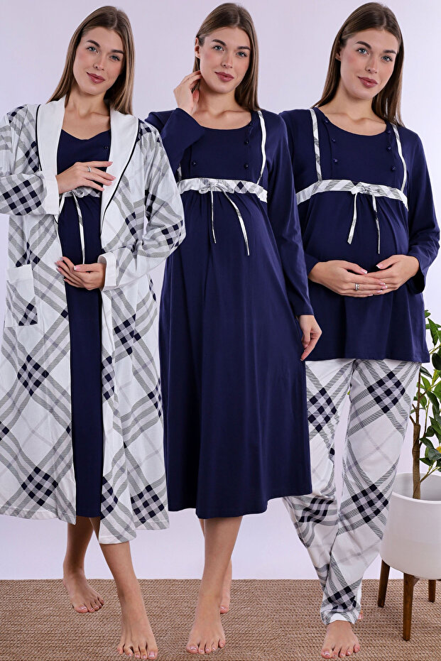 Cotton Fabric Maternity and Postpartum Set with Breastfeeding Features, 4 Pieces Effortt - Navy Blue